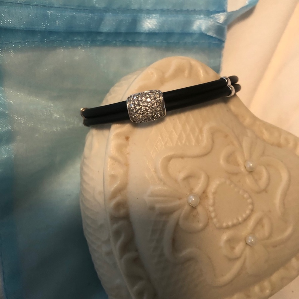 DESIGNER Leather Bracelet with 14k white gold enhancer w Diamond setting & clasp